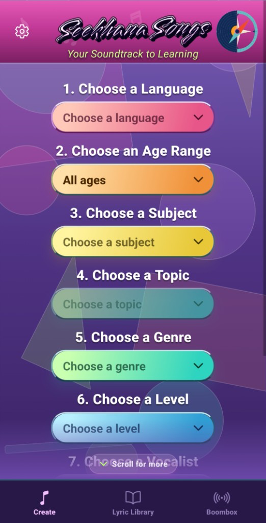 Seekhana Songs Create screen — Boombox theme with language, age range, subject, topic, genre, level, vocalist, and song length dropdowns